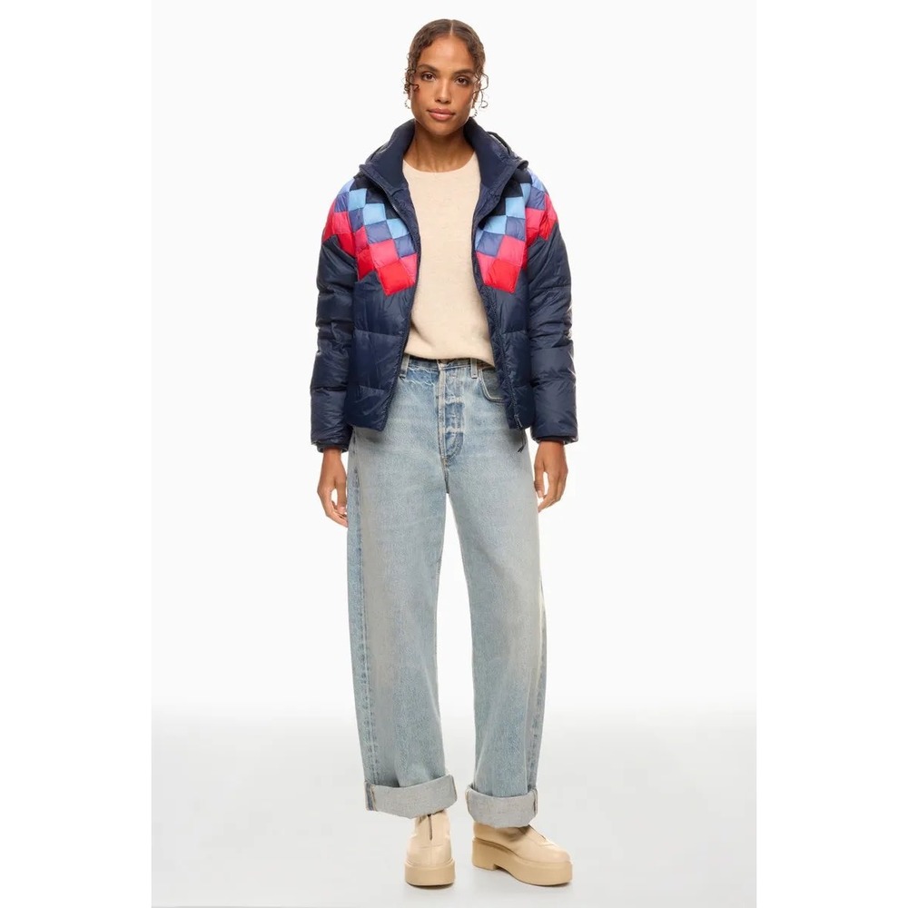 Marine Layer Archive Womens XL Puffer Jacket Navy Chevron Quilted Hooded